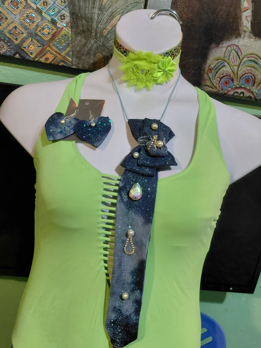 Wallflower Denim Tote with Decorative Embellishments - Green/Blue